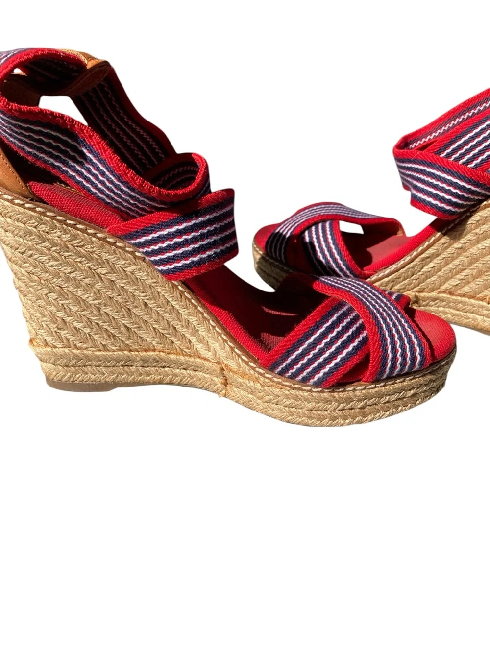 Tory Burch Red Navy Stripe Espadrille Wedge Sandals Size 8 Nautical Americana